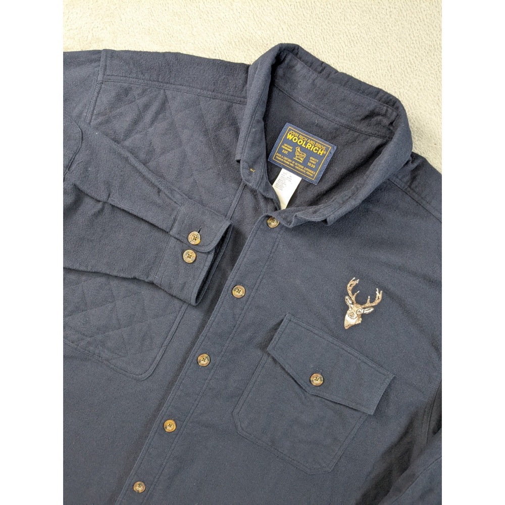 Woolrich John Rich & Bros Mens XL Navy Cotton Quilted Shooting Shirt Deer 6732